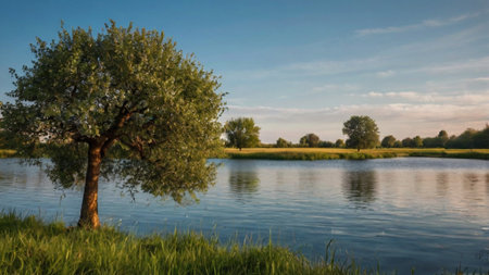 Tree on the bank of the river. Panoramic view.の写真素材