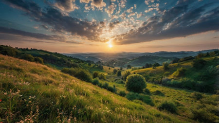 Beautiful sunset in the countryside. Panoramic viewの写真素材