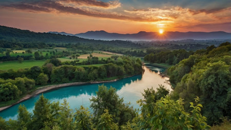 Aerial view of river and forest at sunset. Nature landscape backgroundの写真素材