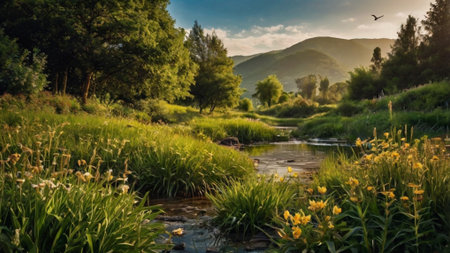 Beautiful summer landscape with a small river and mountains in the backgroundの写真素材