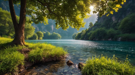 Beautiful summer landscape with a mountain river and green trees. Panoramaの写真素材