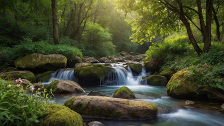 Long exposure of a small waterfall flowing through a lush green forest.の写真素材