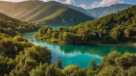 Panoramic view of turquoise lake in the mountains.の写真素材
