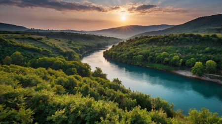 Panoramic view of the mountains and the river at sunset.の写真素材