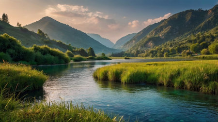 Landscape with the river and mountains in the background. Beautiful nature.の写真素材