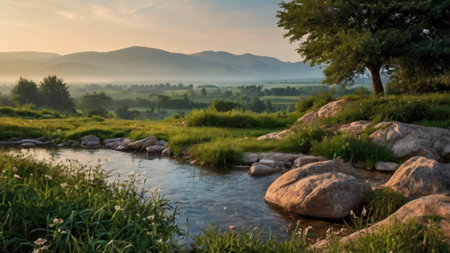 Beautiful landscape with a small river and mountains in the background.の写真素材
