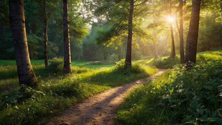 Sunset in the forest on a summer evening. Beautiful landscape.の写真素材