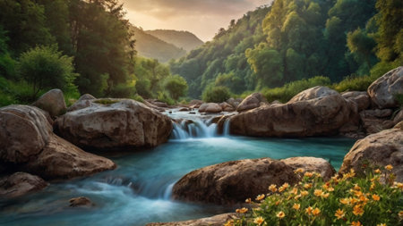 Mountain river flowing through the rocks. Beautiful summer landscape with a waterfall.の写真素材