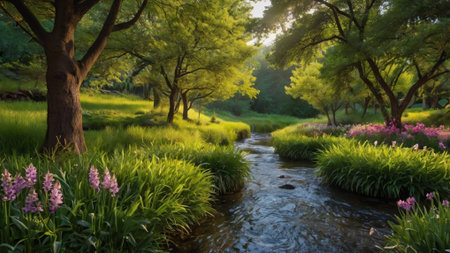 Beautiful view of the stream in the park at sunset time.の写真素材