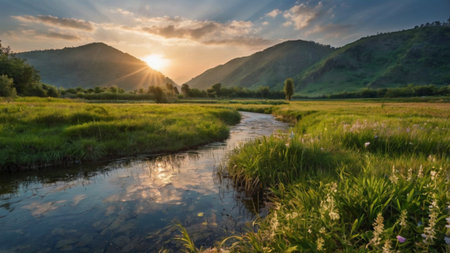 Sunset over the river in the Altai mountains, Russia.の写真素材
