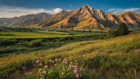 panoramic view of the mountains and meadows in Kyrgyzstanの写真素材