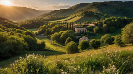 Panoramic view of Tuscany, Italy, at sunsetの写真素材