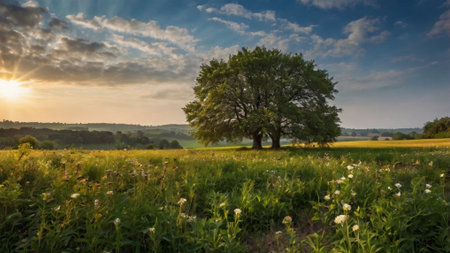 Sunset over the meadow with wildflowers and big treeの写真素材