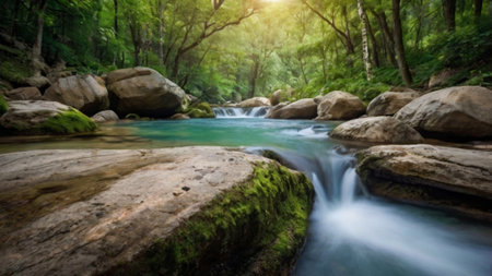 Beautiful waterfall in the forest. Panorama of waterfall in the jungle.の写真素材