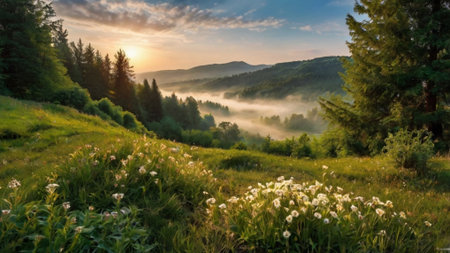 Foggy morning in the Carpathian mountains, Ukraine.の写真素材