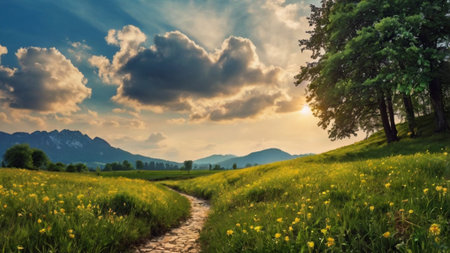 Beautiful summer landscape with meadow and mountains in the background.の写真素材