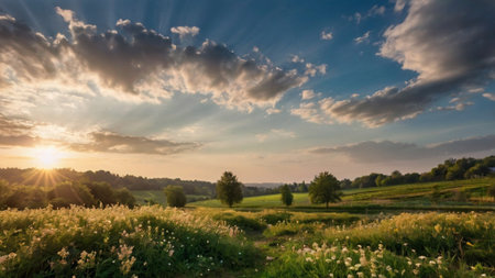 Beautiful sunset over the meadow with wildflowers and cloudsの写真素材