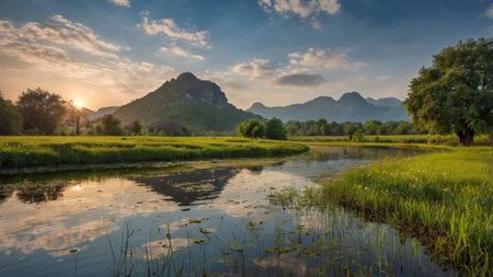 Beautiful landscape with mountain and river in the morning at countryside of Thailand.の写真素材