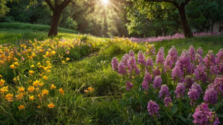 Beautiful blooming meadow with yellow and pink flowers in the rays of the setting sunの写真素材
