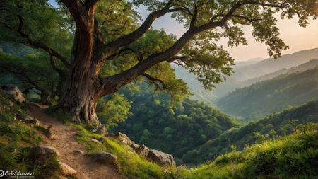 Beautiful summer landscape with a large old tree in the mountains.の写真素材
