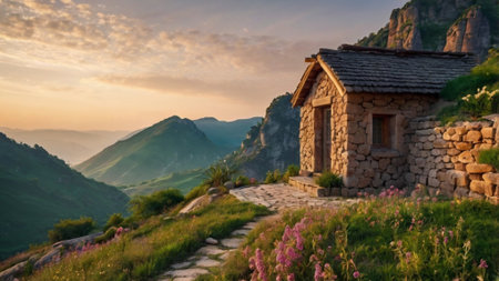 Beautiful mountain landscape with a small chapel at sunset in the mountainsの写真素材
