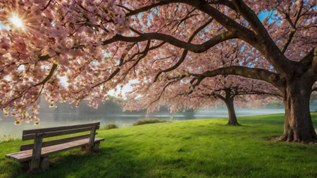 Beautiful sakura blooming in the park with bench at sunriseの写真素材