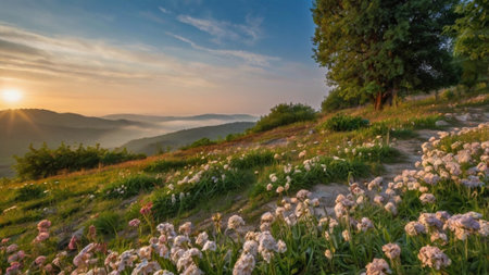 Panoramic view of beautiful meadow in the mountains at sunsetの写真素材