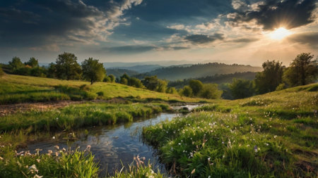 Summer landscape with a small river and mountains in the background. Ukraineの写真素材