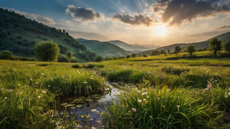 Sunset over a small river in the Carpathian mountains.の写真素材