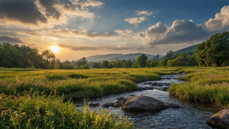 Sunset over a river on a summer eveningの写真素材