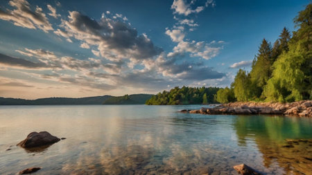 beautiful sunset on the lake with rocks and forest in the backgroundの写真素材