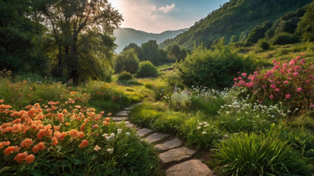 Beautiful summer landscape in the mountains. The path leads to the top of the mountain.の写真素材