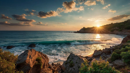 Sunset over the sea in Costa Brava, Catalonia, Spainの写真素材