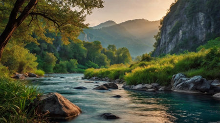 Mountain river at sunset. Beautiful summer landscape. Mountain river.の写真素材