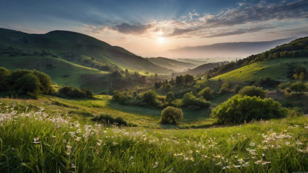 Landscape with green meadow and sunset in the mountains. Panoramaの写真素材
