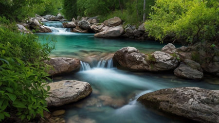 Mountain river flowing through the forest, long shutter speed, motion blurの写真素材