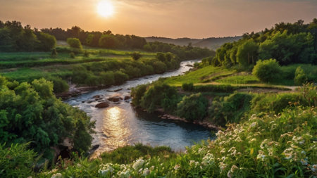 Beautiful summer landscape with river and forest at sunset. Panoramaの写真素材