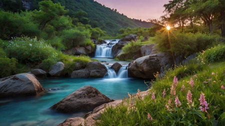 Beautiful waterfall in the mountains at sunsetの写真素材