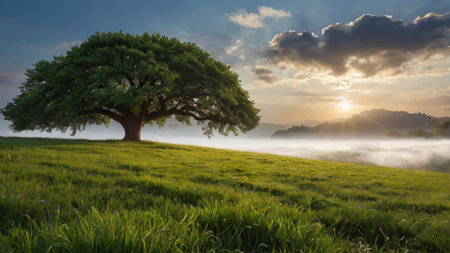 Sunrise over the misty meadow with a tree in the foregroundの写真素材