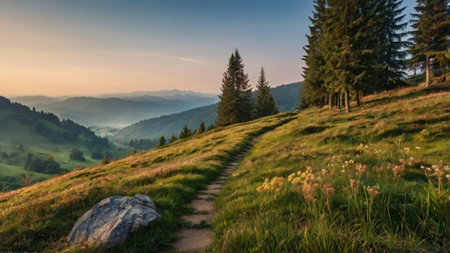 Panoramic view of a path in the Carpathian mountainsの写真素材