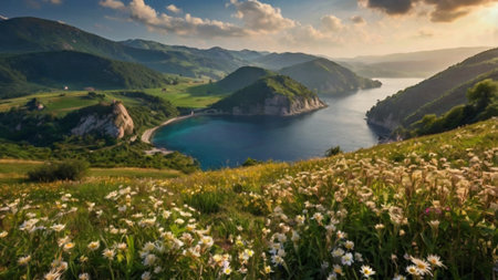 Panoramic view of the lake and mountains at sunset. Beautiful summer landscapeの写真素材