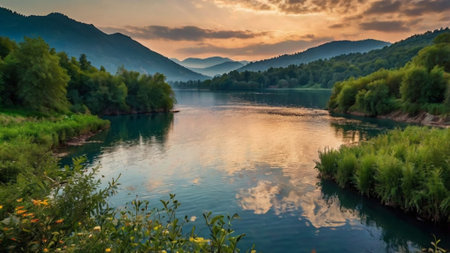 Beautiful landscape of the mountain river in the evening. Ukraine, Europe.の写真素材