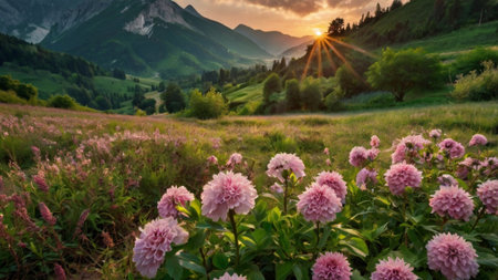 Beautiful summer landscape with pink flowers in the mountains at sunset.の写真素材