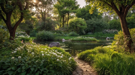 Beautiful spring garden with pond and trees in the morning light.の写真素材