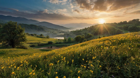 Sunset on the mountain meadow with yellow flowers and blue skyの写真素材