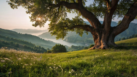 Beautiful summer landscape with big old oak tree in the meadowの写真素材