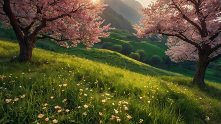 Cherry blossoms in full bloom on a hillside in springの写真素材