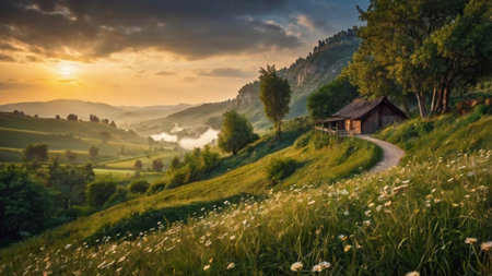 Sunset in the mountains. Summer landscape with meadow and villageの写真素材