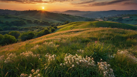 Beautiful sunset in the hills. Summer landscape.の写真素材