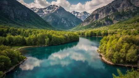 Aerial view of the turquoise waters of a river. Altai Republic, Siberia, Russiaの写真素材